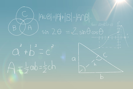 Panoramic shot of calculations against black background against blue sky