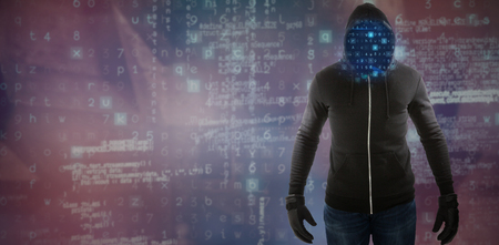 Male hacker standing against pink and purple background