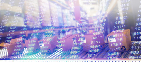 Cardboard boxes on conveyor belt against stocks and shares