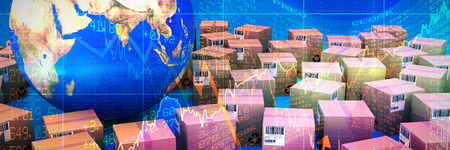 Digitally generated image of globe with boxes against stocks and sharesの写真素材