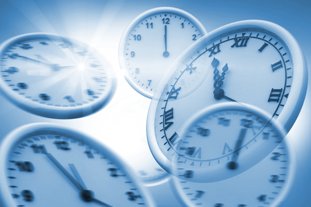 Computer graphic image of wall clocks against white background