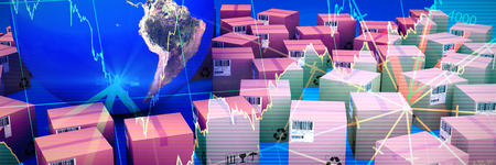 Digital composite image of boxes with globe against stocks and sharesの写真素材