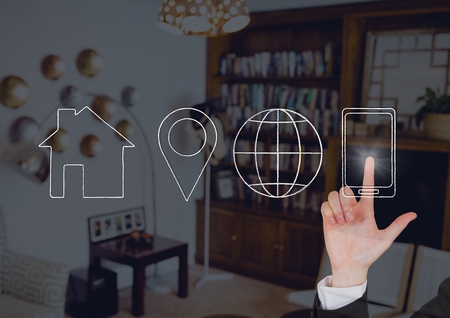 Digital composite of finger using contact icon interfaceの写真素材