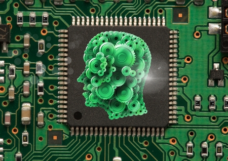 Digital composite of Cog head  in center of microchipの写真素材