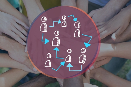 Digital composite of Doodle of connected people icons against images of peoples hands togetherの写真素材