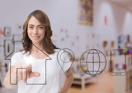 Digital composite of woman using contact icon interface
