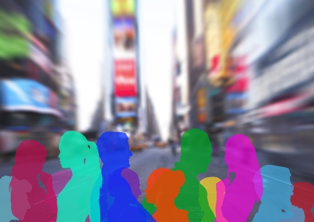 Digital composite of color silhouette of people on streetの写真素材