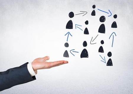 Digital composite of Hand-drawn people profile icons with open handの写真素材