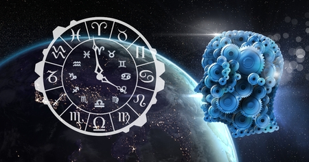 Digital composite of Cog head and astrology horoscope in spaceの写真素材