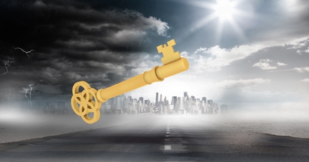 Digital composite of 3d key against cloudy scenery of road and cityの写真素材