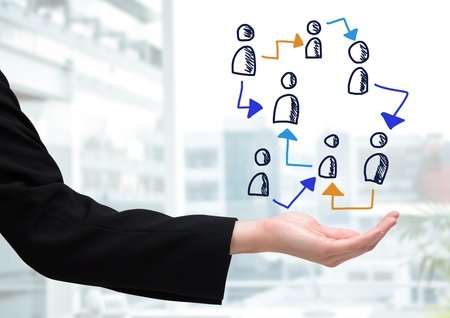 Digital composite of Hand-drawn people profile icons with open handの写真素材