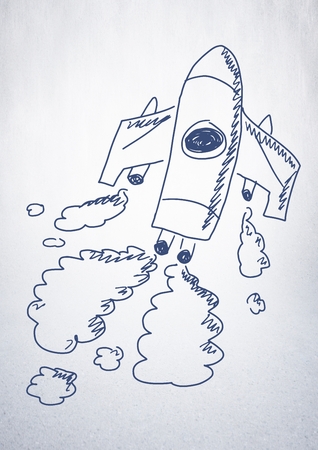 Digital composite of hand-drawn rocket on white wallの写真素材