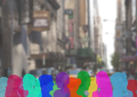 Digital composite of color silhouette of people on a streetの写真素材