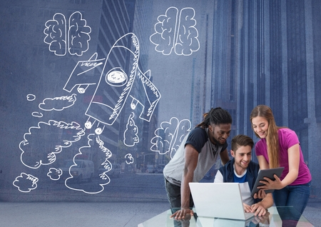 Digital composite of Creative people with hand-drawn rocket and brainsの写真素材