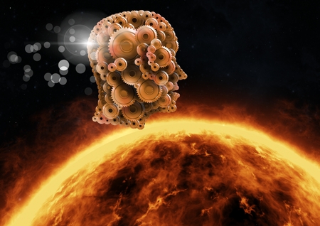 Digital composite of Cog head floating over the sun