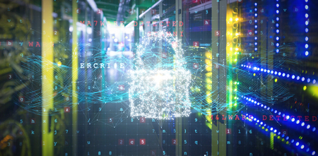 Composite image of padlock and malware detected against view of data technology