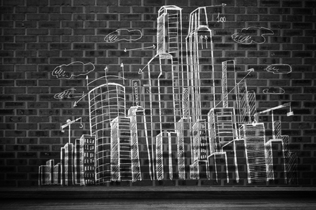 City plan against room with brick wallの写真素材