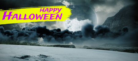 Digital image of happy Halloween text against view of landscape against cloudy skyの写真素材