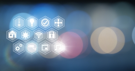Digital composite of Icons interface of Internet Of Things over soft bokeh light sparkles background