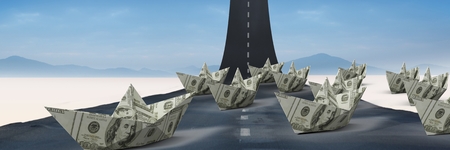 Digital composite of Group of Paper money dollar boats on roadの写真素材