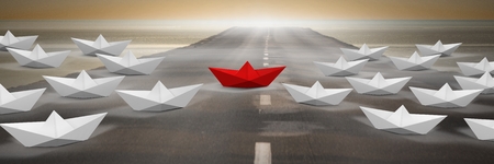 Digital composite of Group of Paper boats on roadの写真素材