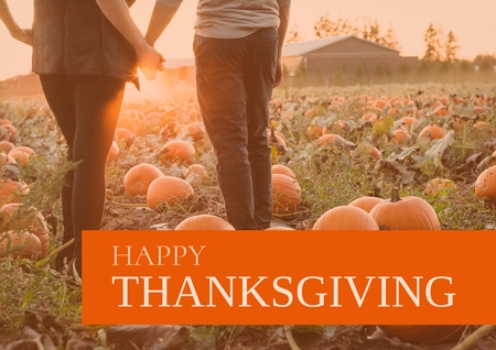 Digital composite of Happy thanksgiving text with couple in field of pumpkinsの写真素材