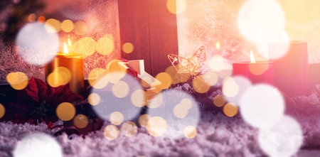 Christmas decorations on fake snow during christmas timeの写真素材