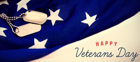 veterans day in america  against dog tag chains on an american flagの写真素材