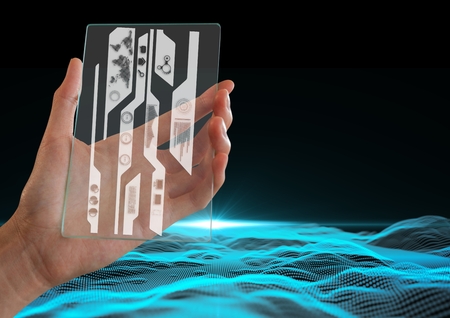 Digital composite of man holding glass interface