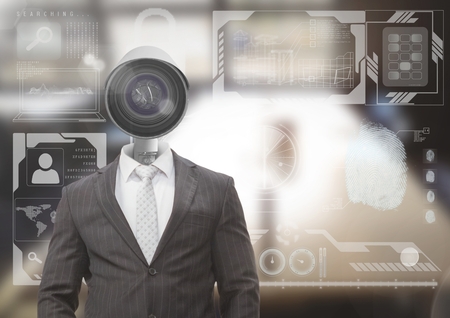 Digital composite of Businessman with CCTV head at office with interfaceの写真素材
