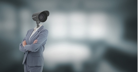 Digital composite of Businesswoman with CCTV head at office