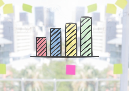 Digital composite of Bar chart with window and sticky notes backgroundの写真素材