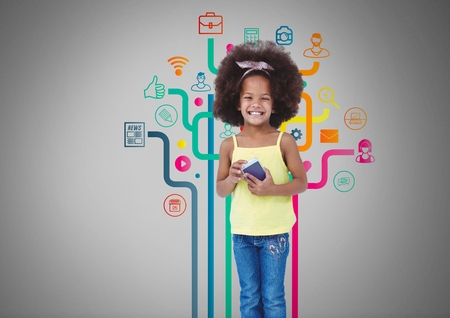 Digital composite of Girl against grey background with phone and app icon linksの写真素材