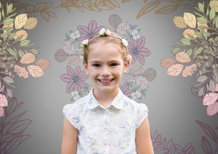 Digital composite of Girl against grey background with flowers in hair and pretty flower patternsの写真素材