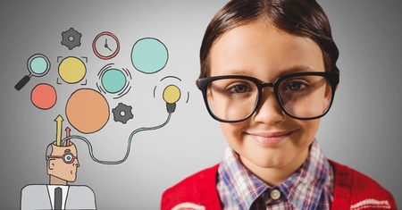 Digital composite of Boy against grey background with huge glasses and brain thinking illustrations