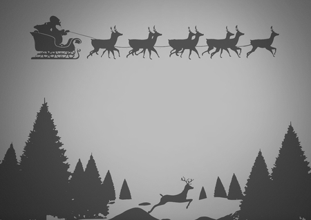 Digital composite of Santa and reindeer's in winter landscape on grey backgroundの写真素材