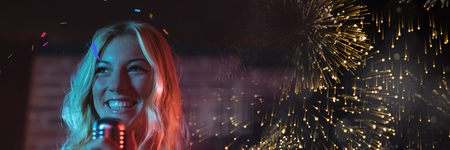 Digital composite of woman singing at concert with transitionの写真素材