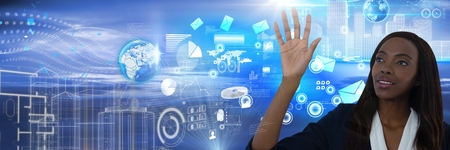 Digital composite of Technology interface and Businesswoman touching air in front of sky and sea