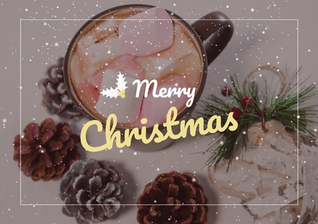 Digital composite of merry Christmas text on Christmas background with snowの写真素材