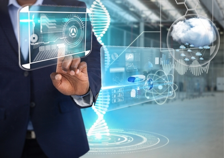 Digital composite of Technology interfaces and Businessman touching air in front of warehouse...