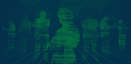 Digitally generated white silhouettes on black backgroundの写真素材