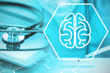 Digital background with brain sign  against stethoscope on digital tablet