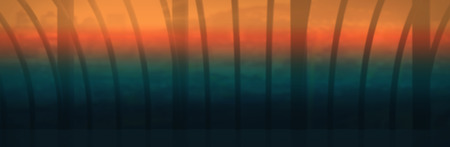 Orange and turquoise background against view of several building from inside