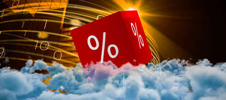 View of cloudscape  against yellow light beams over skyscrapersの写真素材