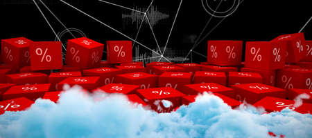 Digitally generated image of fluffy clouds  against various graphs and connectivity pointsの写真素材