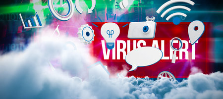 Digitally generated image of storm clouds  against virus alert against blue technology design with binary codeの写真素材