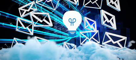 Digitally generated image of fluffy clouds  against blue light beams over skyscrapersの写真素材