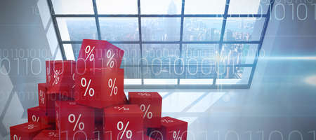 Vector icon of percentage symbol against blue technology design with binary codeの写真素材