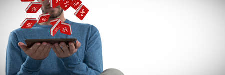 Man holding digital tablet against percent sign vector icon
