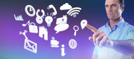 Male executive pressing an invisible virtual screen against purple and pink background